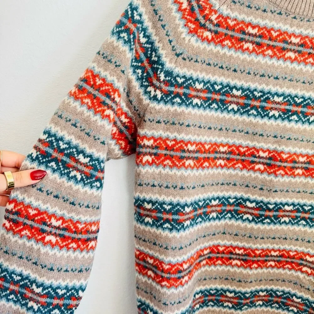 MENS J CREW Beige Tan Blue Fair Isle Wool Stripe Crew $228 Pullover Sweater S